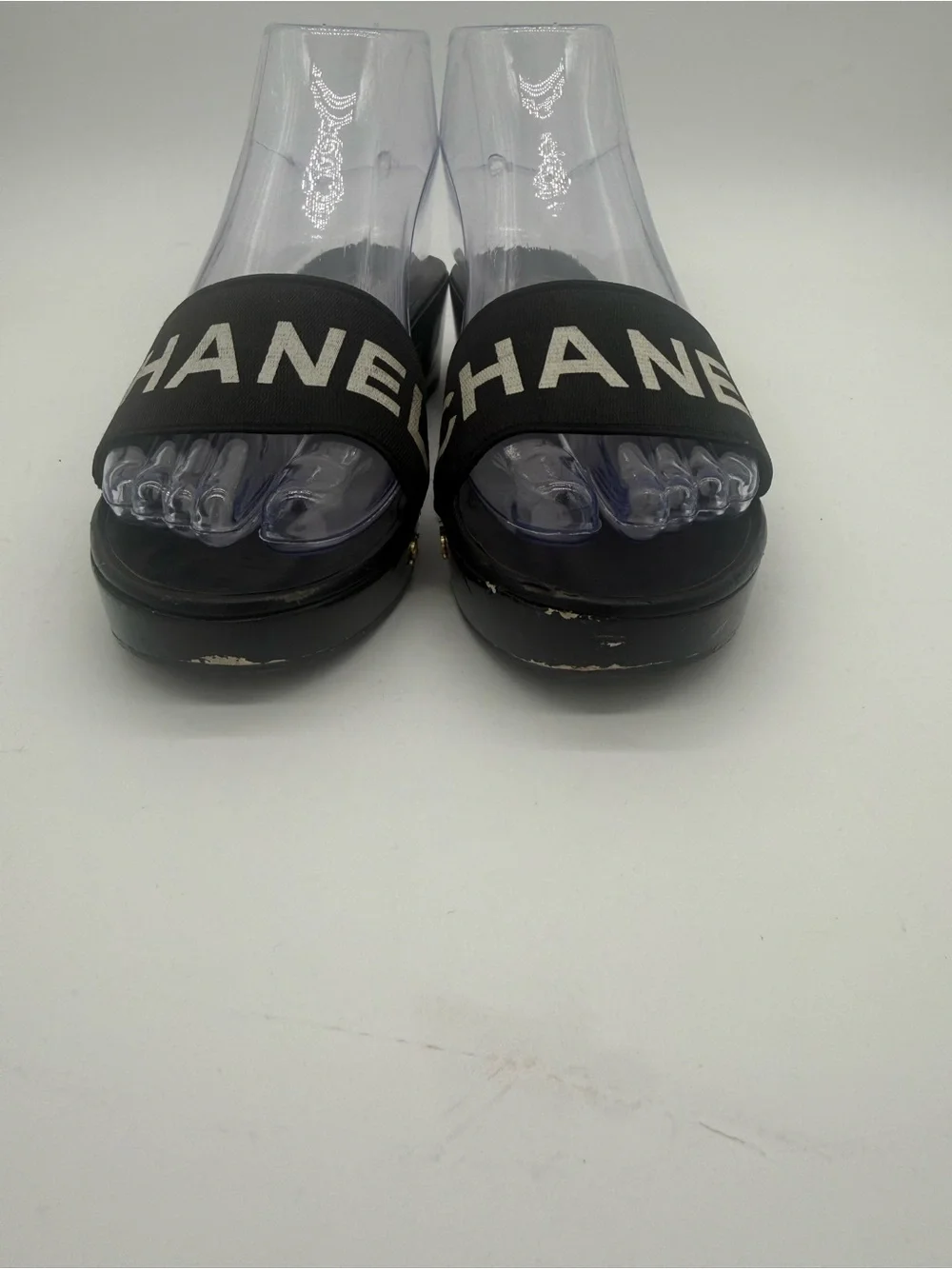 CHANEL Logo Band Platform Mules Clogs 37